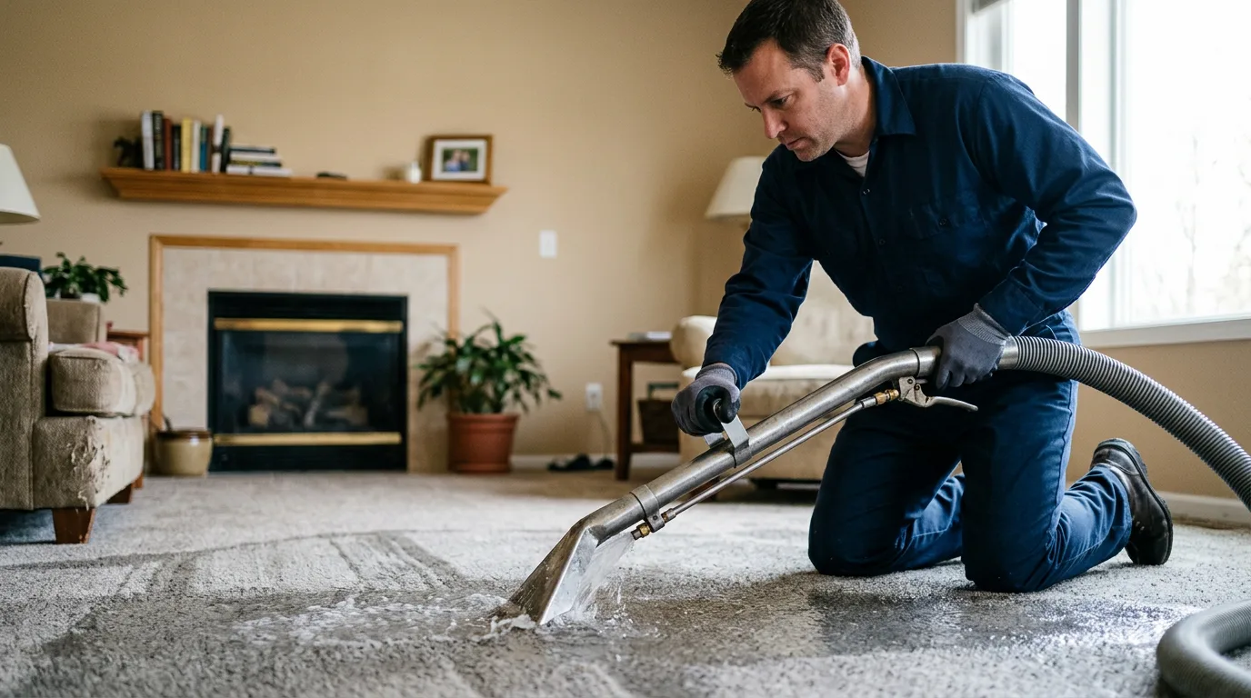 Water damage restoration technician working near Bakersfield, VT